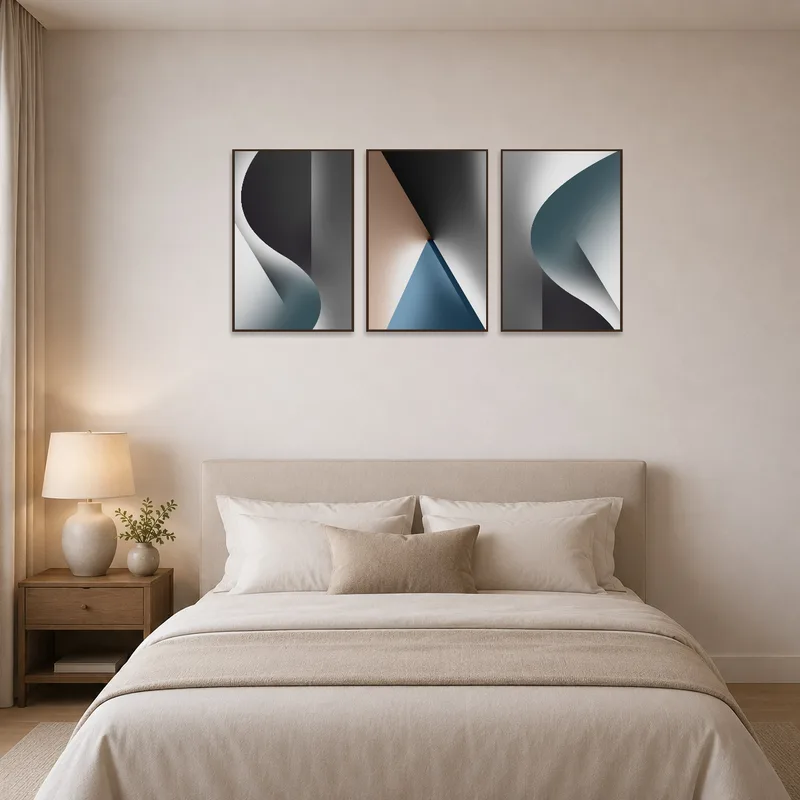 Serene bedroom featuring an abstract geometric curves triptych.