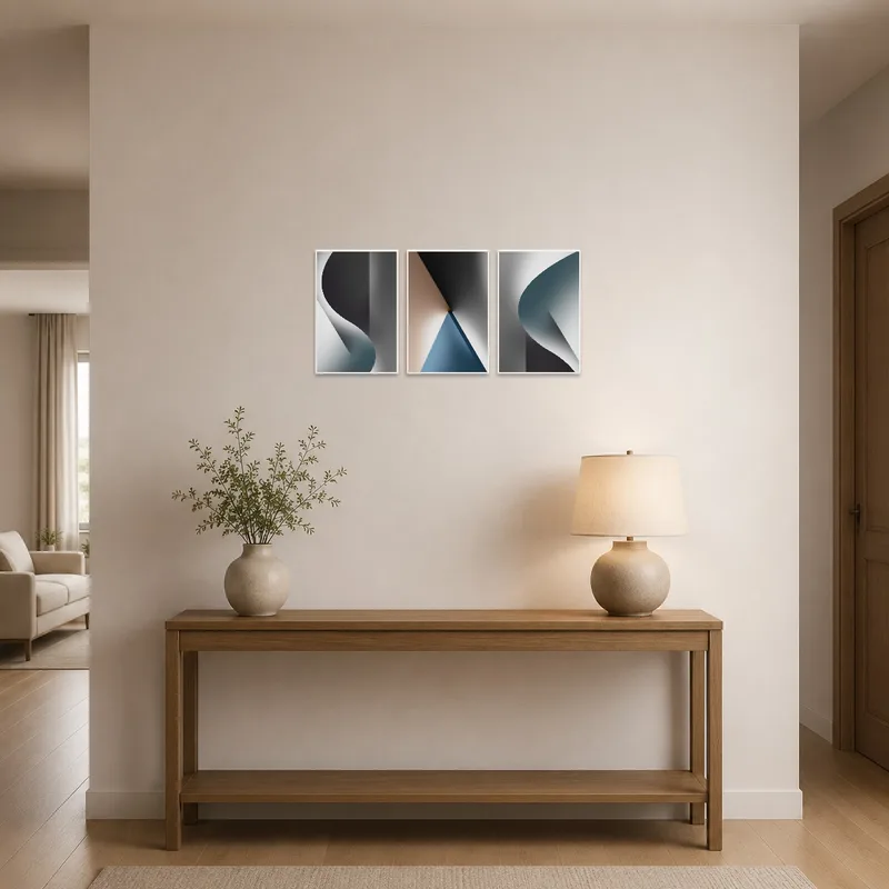 Geometric curves triptych set in a bright entrance hall.