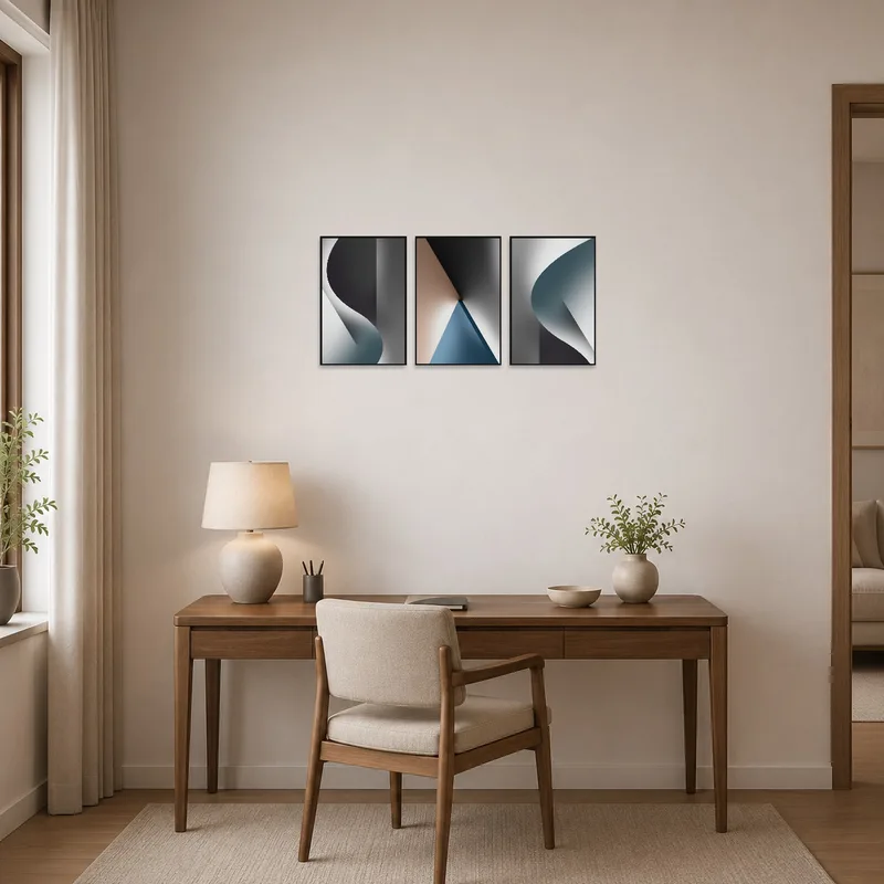Abstract curves triptych energizing a home office environment.
