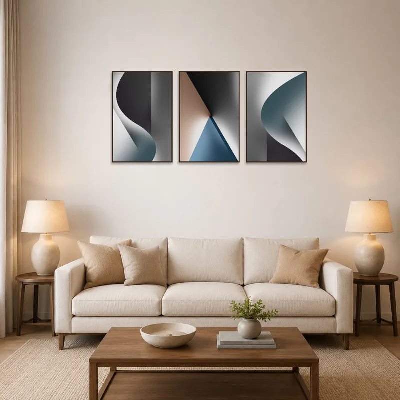 Abstract geometric curve set displayed above a modern living room sofa.