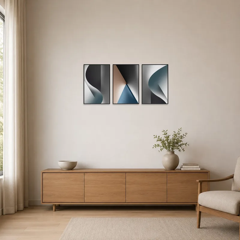 Triptych of geometric curves adds a bold touch to a minimalist space.