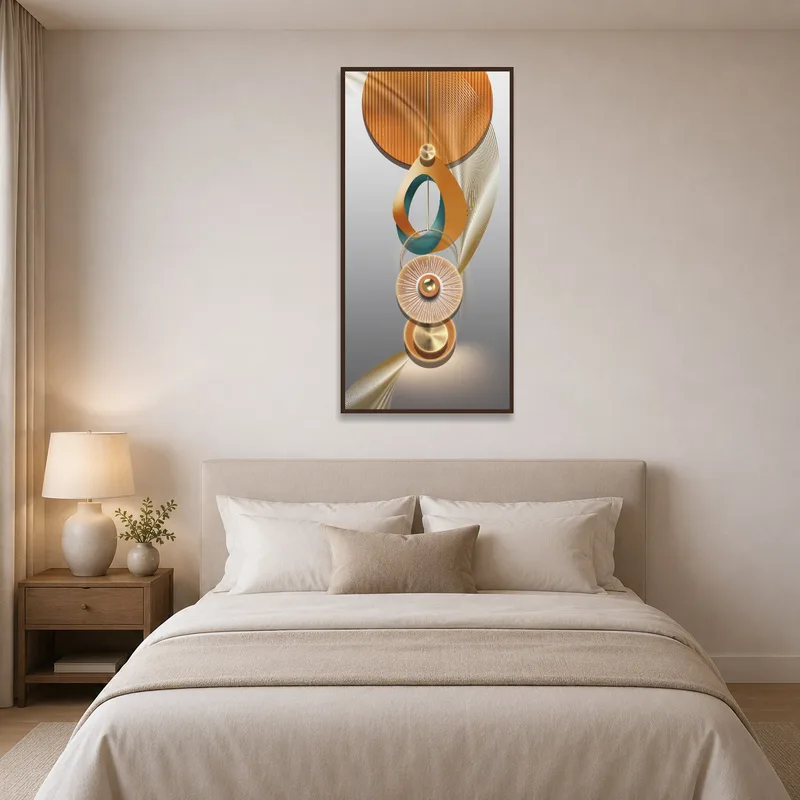 Abstract geometric artwork adds a touch of elegance to the bedroom's atmosphere.