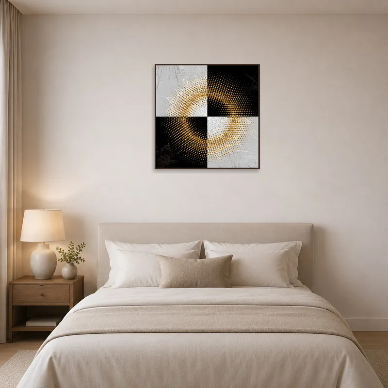 Mandala artwork enhances a serene bedroom ambiance.