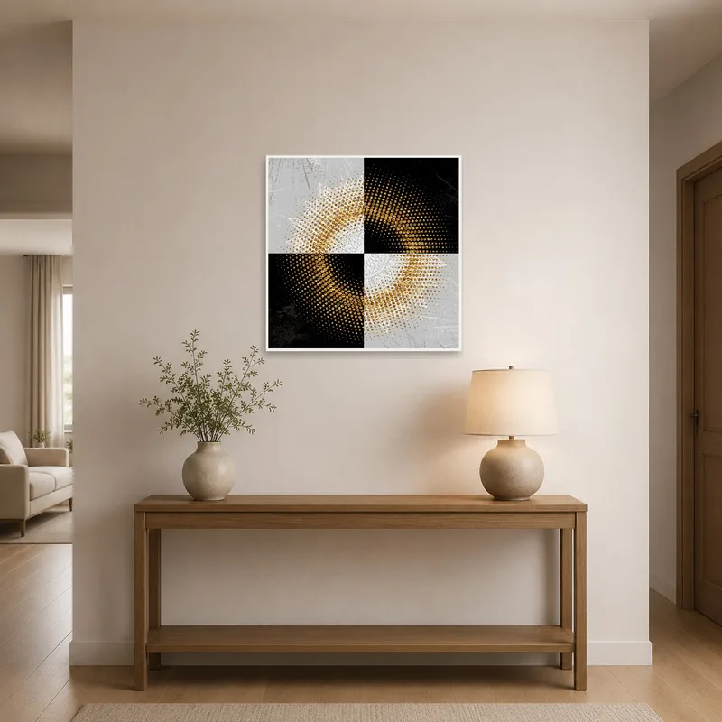 Geometric dotted mandala art displayed in an elegant entrance hall.