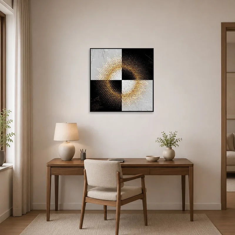 Abstract geometric mandala art adds creativity to a home office wall.