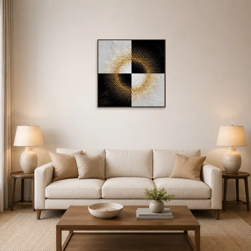 Abstract geometric mandala art on living room wall above a modern sofa.