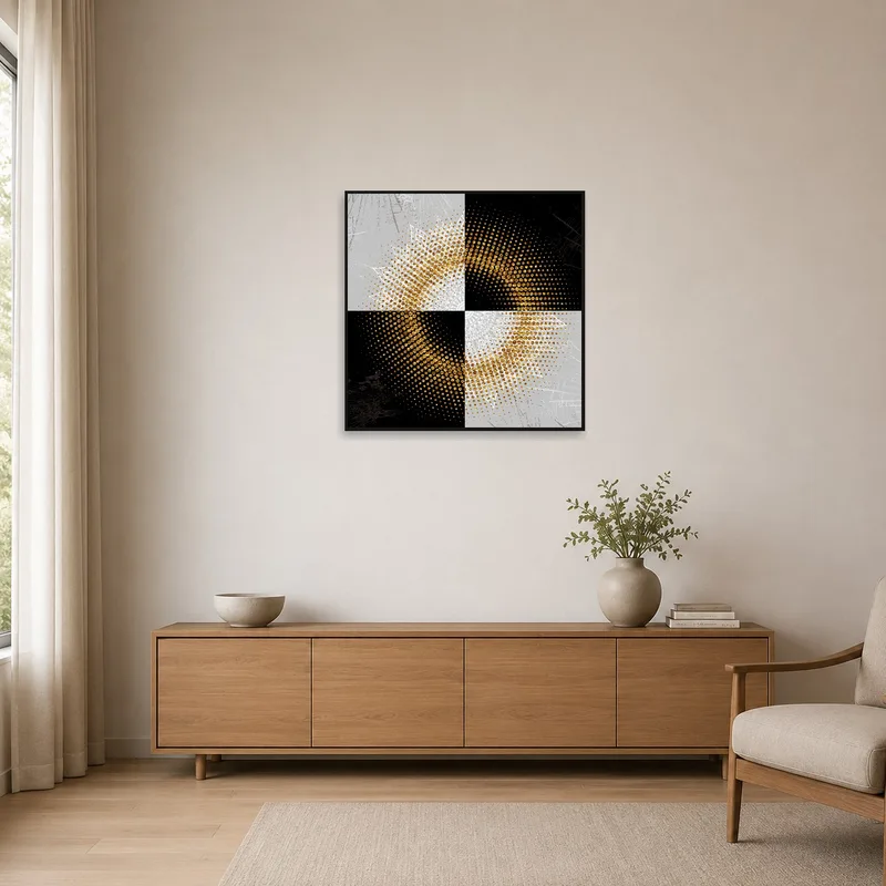 Mandala art adding a touch of flair to a minimalist room with sparse furniture.