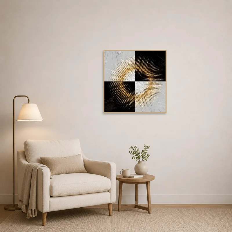 Abstract mandala art brings visual depth to a cozy reading corner.