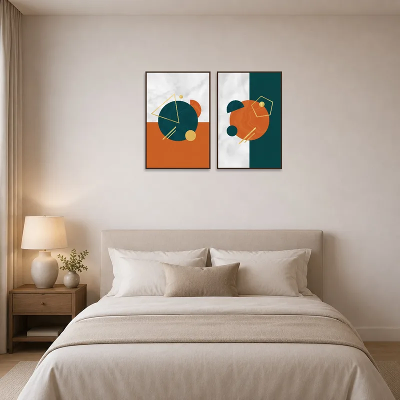 Dual composition art set enhancing the visual appeal of a bedroom.