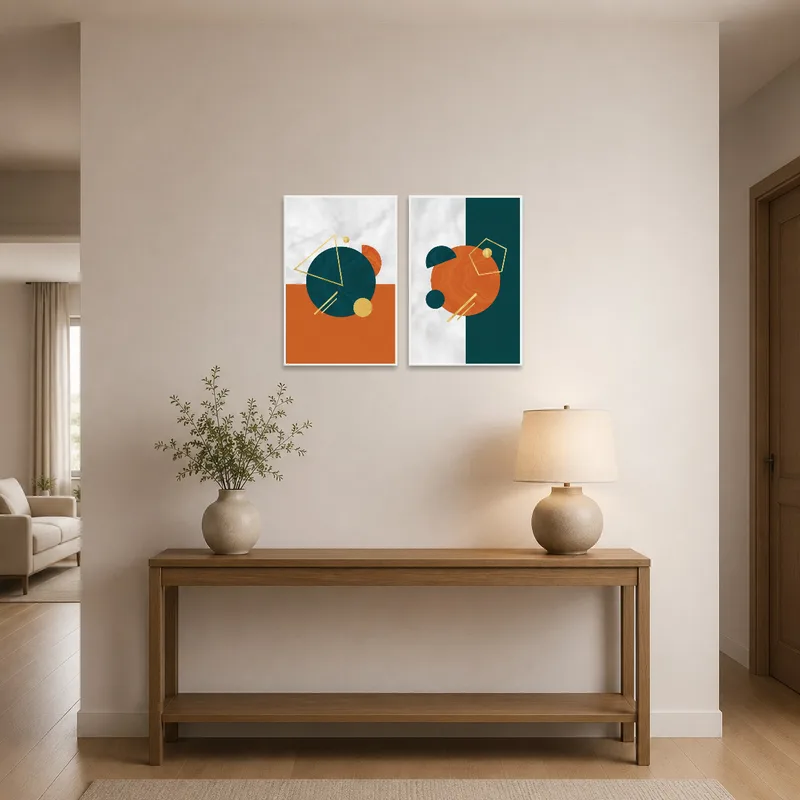 Geometric compositions welcoming visitors in the entrance hall.