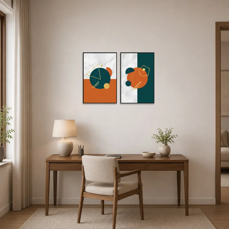 Geometric set adding a modern touch to a stylish home office.