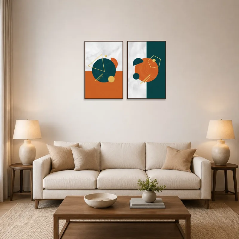 Abstract geometric set displayed above a modern sofa in the living room.