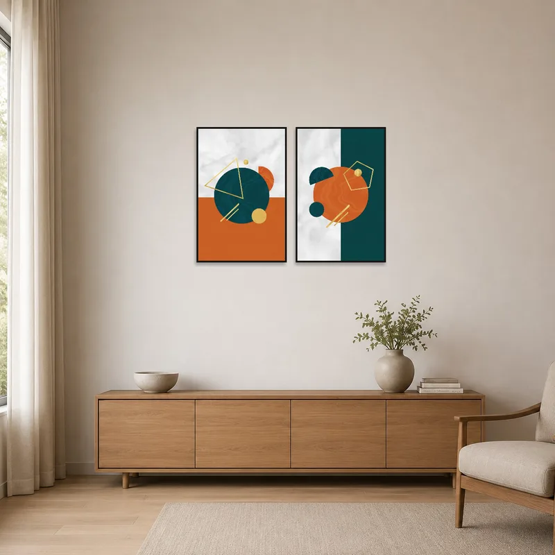 Geometric art set on a white wall in a minimalist space.