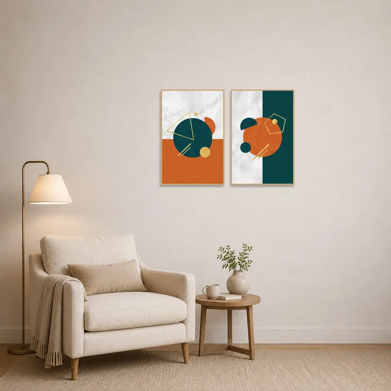 Abstract geometric artwork hanging by a cozy reading chair.