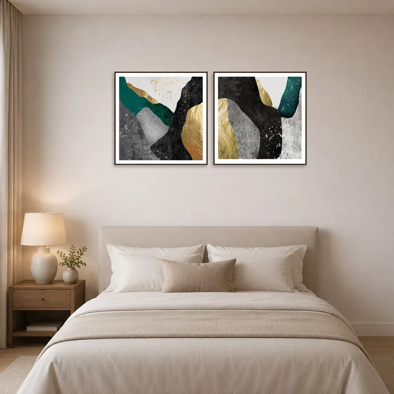 Abstract geometric duo piece with gold in a bedroom setting.