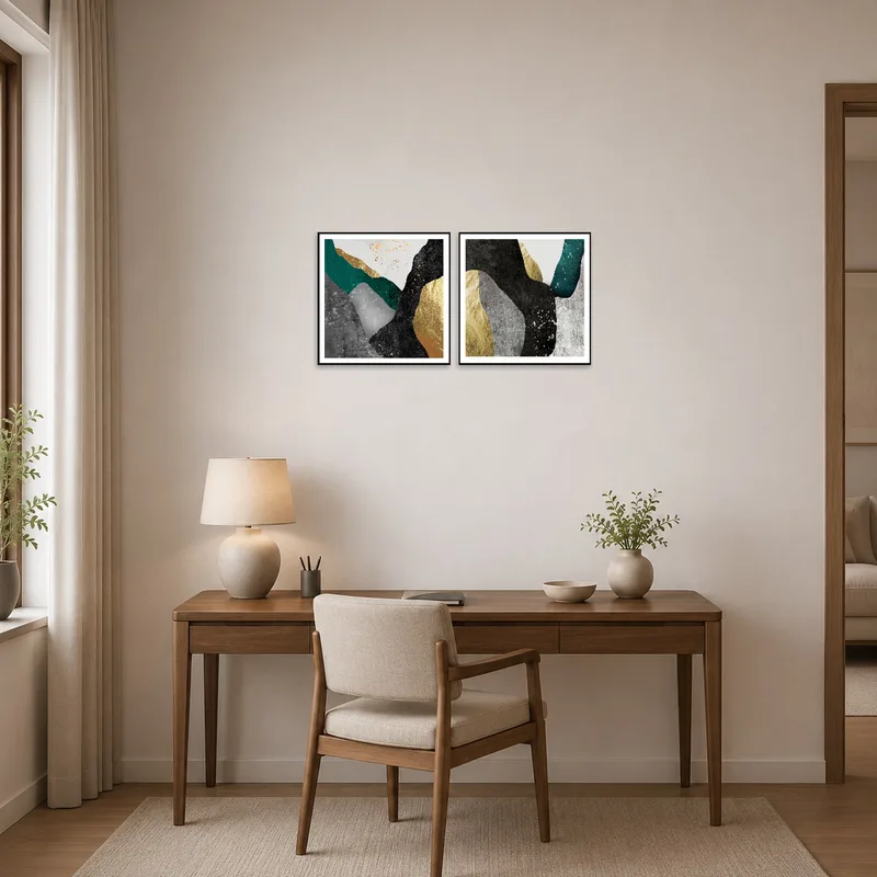 Geometric art with gold highlights in a home office.