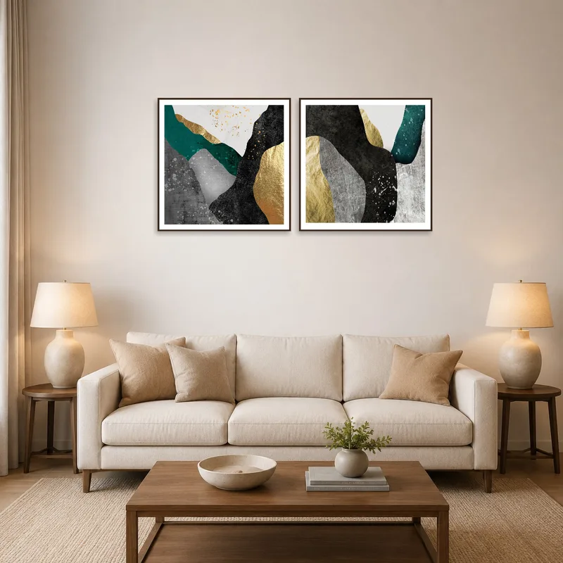 Abstract geometric duo with gold accents in a cozy living room setting.