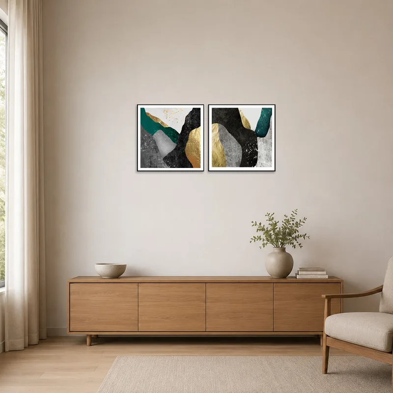 Geometric artwork with gold touches in a minimalist room.