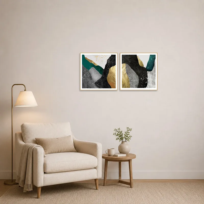 Geometric print featuring gold accents in a reading corner.