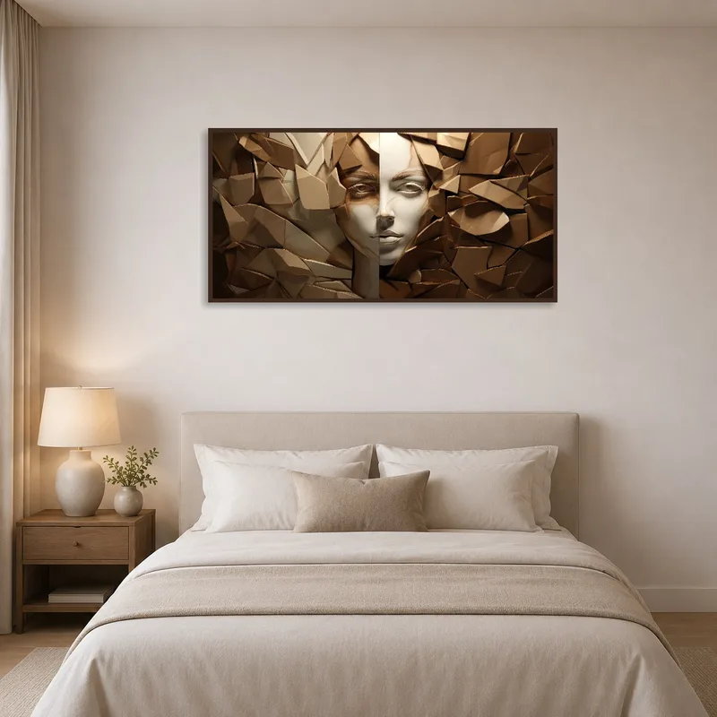 Earthy tones in the abstract face artwork create a serene bedroom vibe.