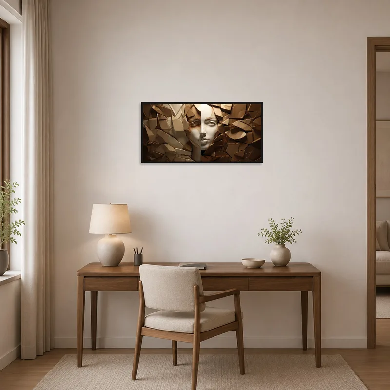 Geometric face art in soft earth tones energizes the home office.