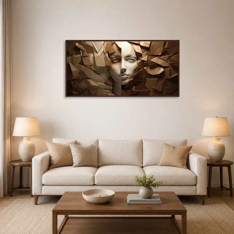Abstract face art in earth tones adds warmth above the living room sofa.