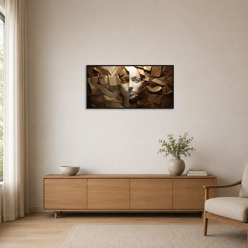 Geometric face art complements minimalist interiors with subtle earthy hues.