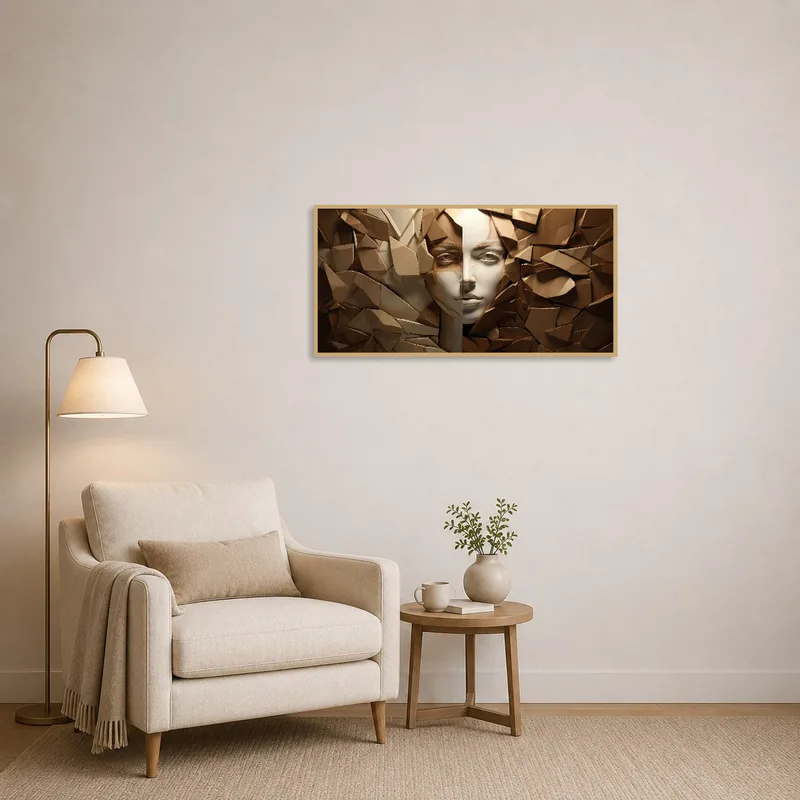 Geometric face art in warm tones enhances the reading corner ambiance.