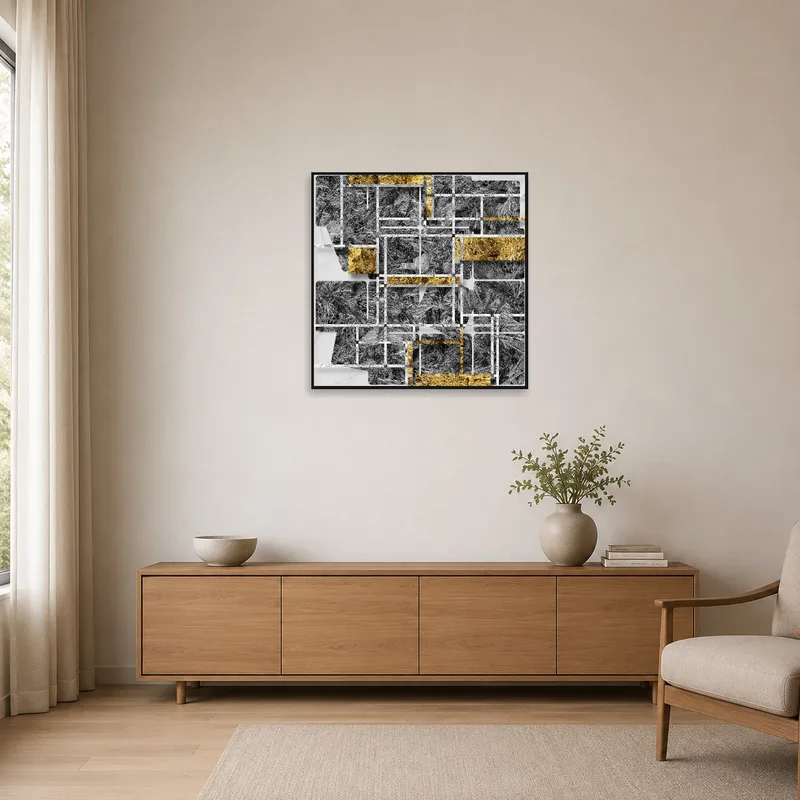 Minimalist room with abstract geometric art featuring gold and gray tones on a plain wall.