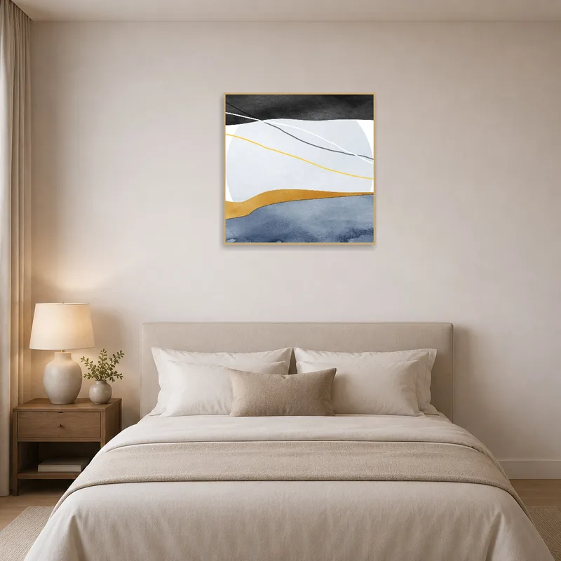 Geometric landscape art in earthy hues calming the bedroom atmosphere.