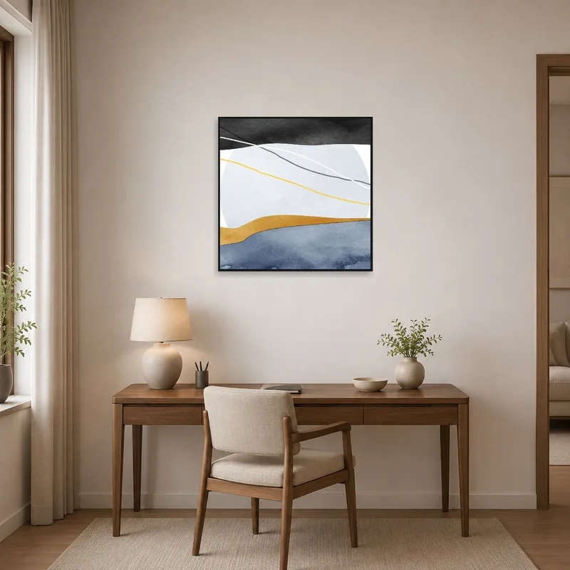 Home office with abstract landscape art in balanced, earthy tones.