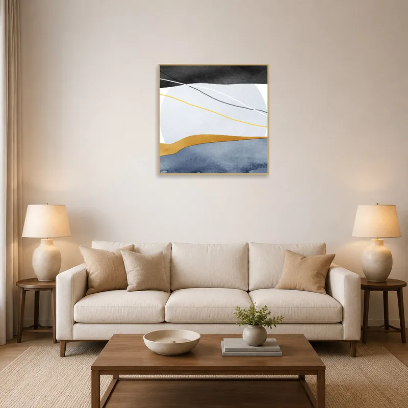 Abstract geometric landscape art on a living room wall with earthy tones.