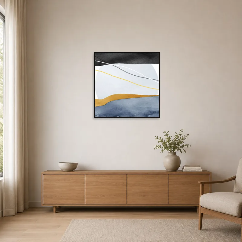 Minimalist space featuring abstract geometric landscape art in muted earth colors.