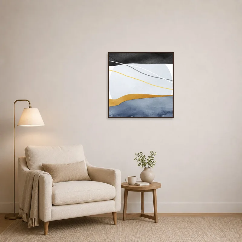 Abstract geometric landscape art enhancing a cozy reading corner.