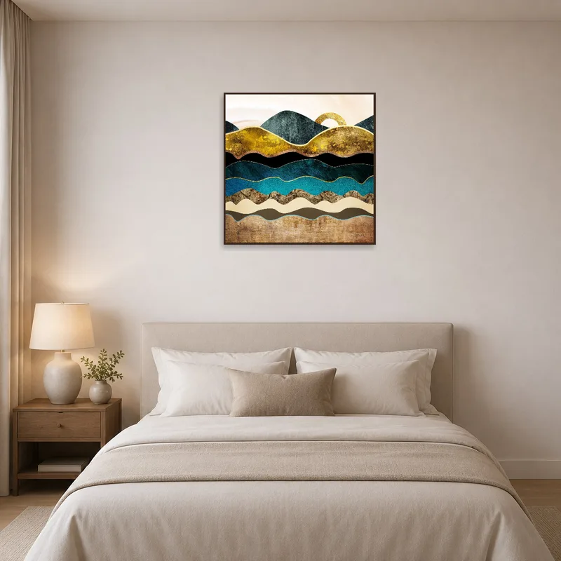 Warm geometric artwork featuring golden accents creating a calming atmosphere in a contemporary bedroom.