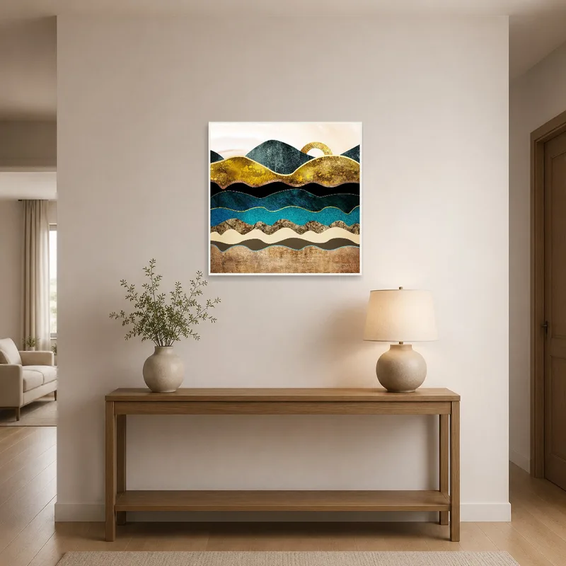 A bold geometric landscape with golden accents adding elegance to an entrance hall with polished wood flooring.