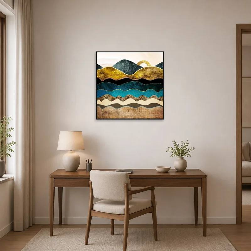 Abstract geometric landscape with gold accents inspiring creativity in a neatly organized home office.