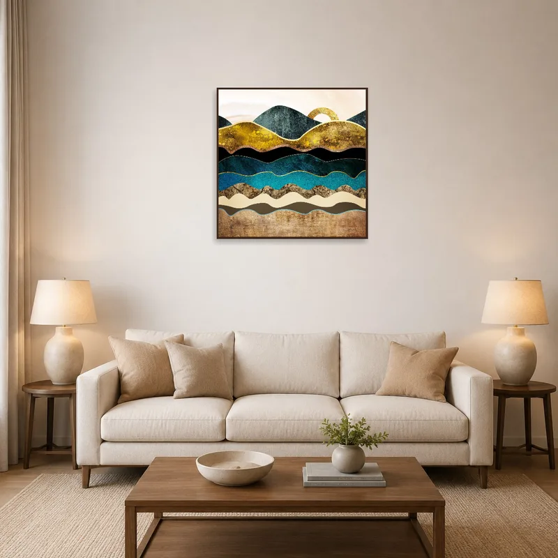 An abstract geometric landscape with golden accents hanging above a modern couch in a stylish living room.