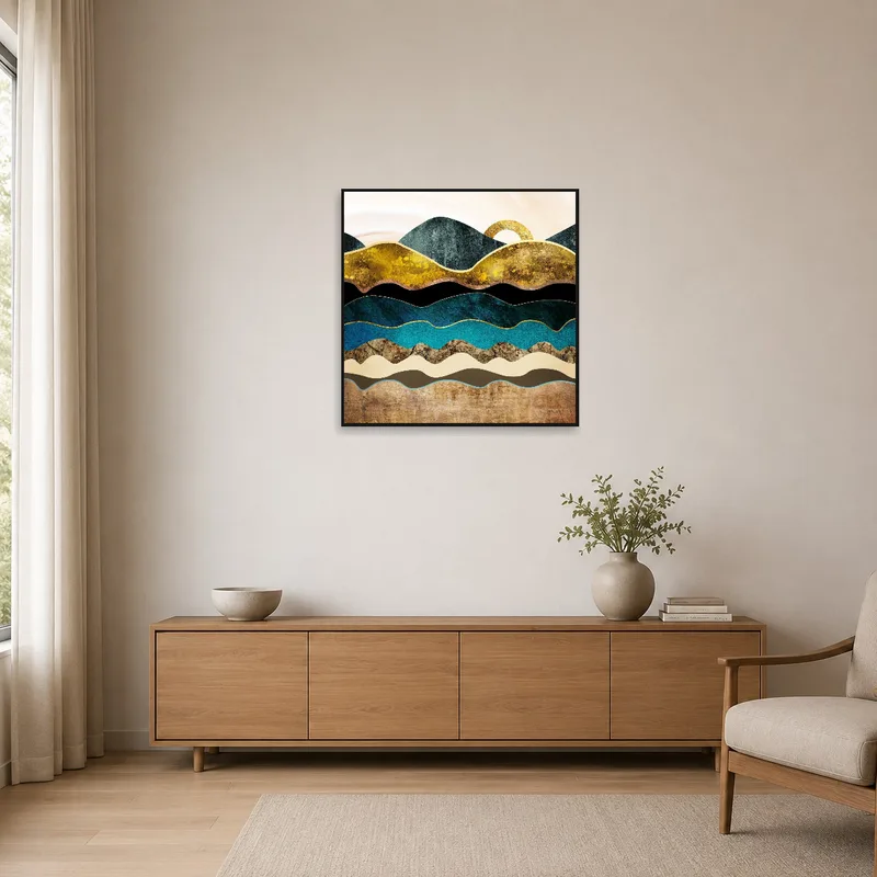 Golden-accented abstract geometric artwork on a white wall, complementing a minimalist room's sleek design.