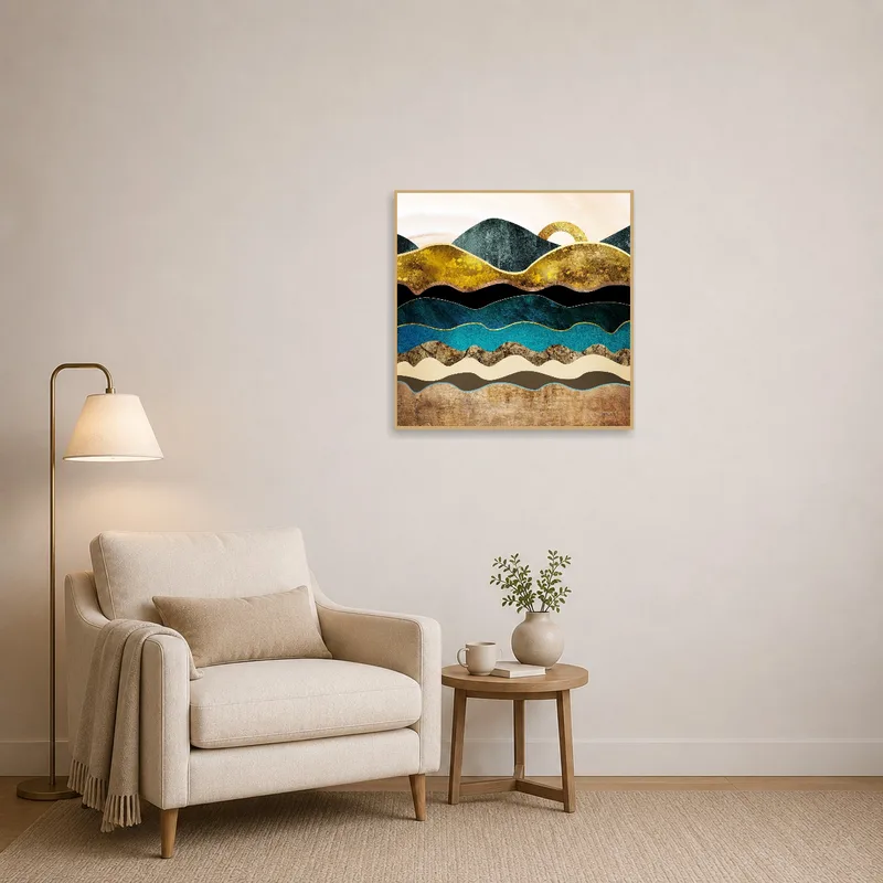 The geometric landscape art with gold tones enhancing a cozy reading corner adorned with plush seating.