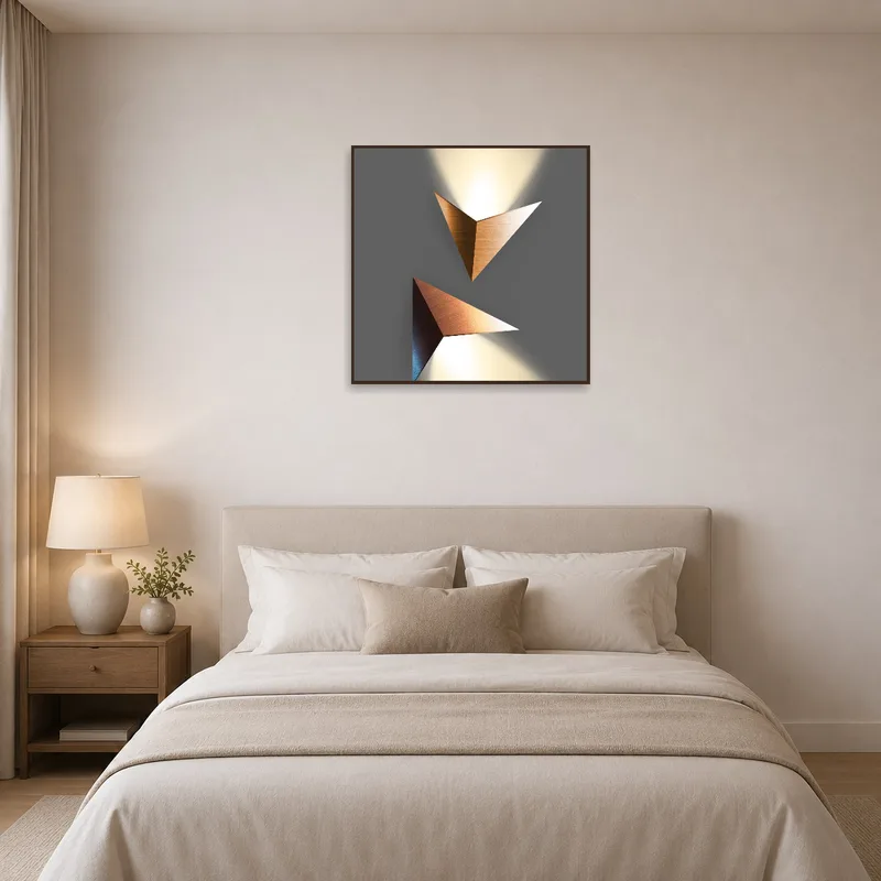 Intricate geometric art creating a focal point above bed.