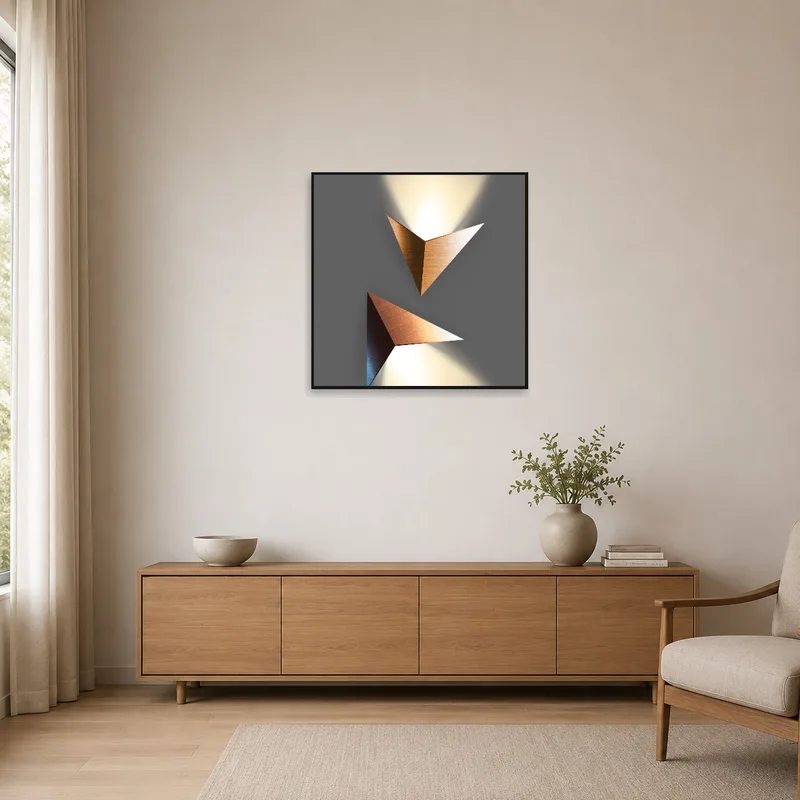 Geometric light and shadow piece in white minimalist space.