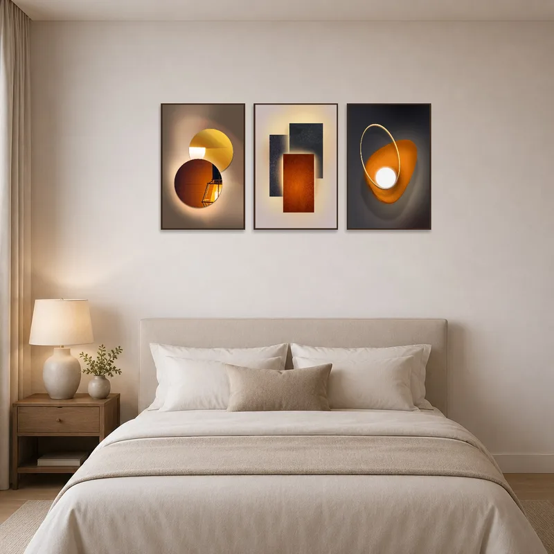 Bedroom decorated with a calming geometric light and shadow triptych above the bed.