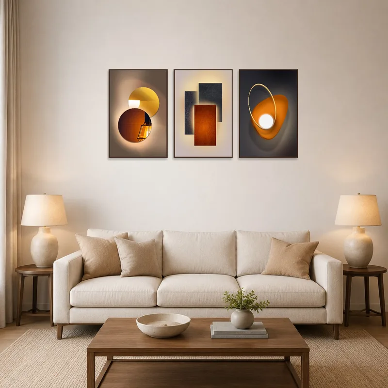 Living room with a geometric light and shadow triptych set above a modern sofa.