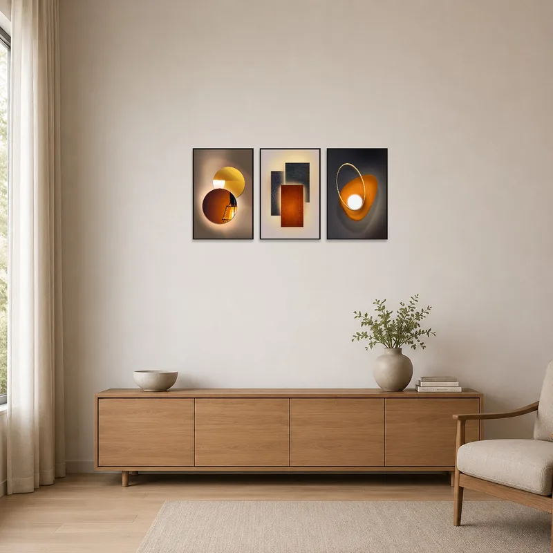 Minimalist space featuring a geometric light and shadow triptych enhancing the sleek look.