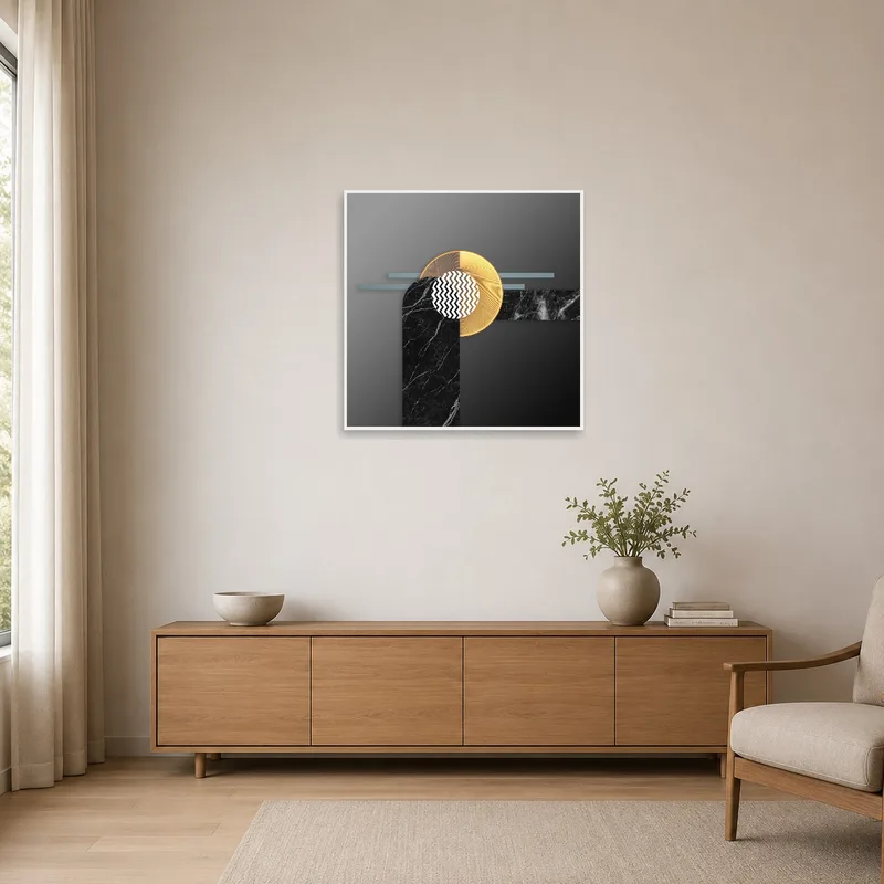 Abstract geometric marble and gold print on a minimalist white wall.