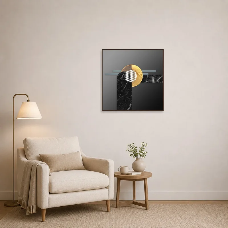 Abstract geometric marble and gold print in a cozy reading corner.