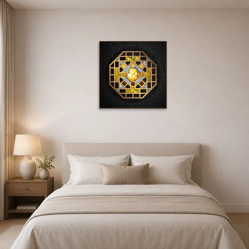 Geometric Jewel-Themed Mandala Art hung above a bed, adding elegance and color to the bedroom decor.