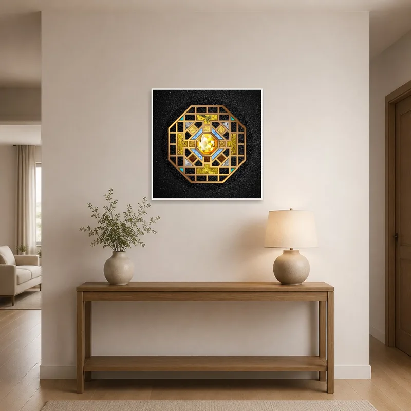 Geometric Jewel-Themed Mandala Art greeting guests in a stylish entrance hall with neutral tones.