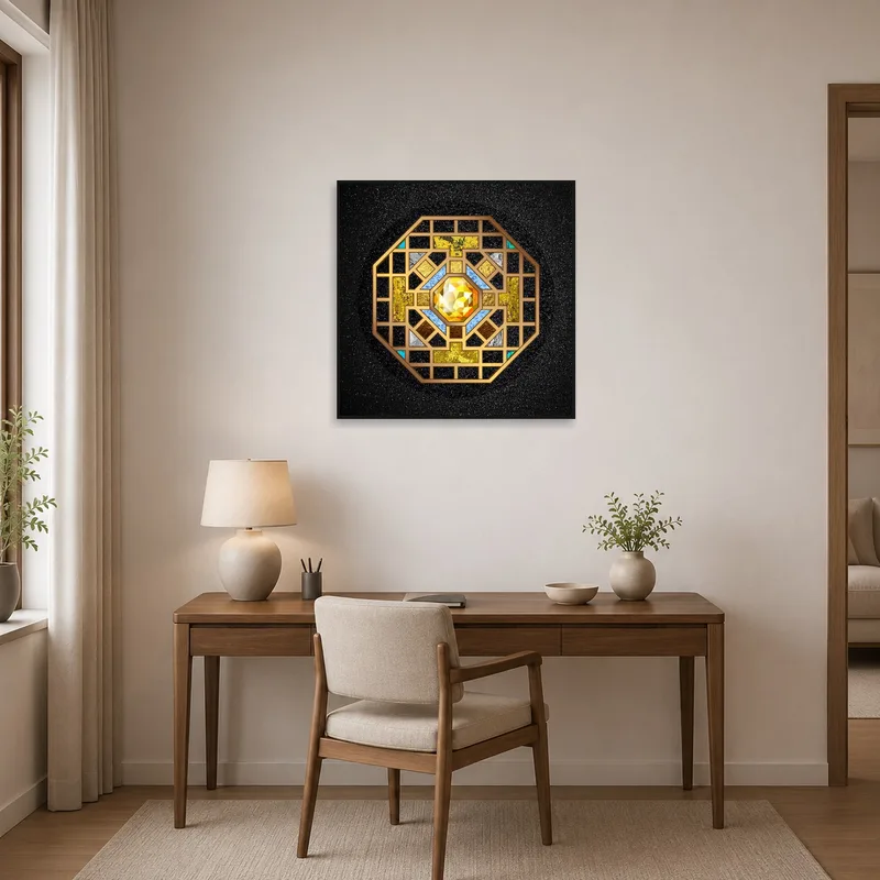 Geometric Jewel-Themed Mandala Art inspiring creativity in a tidy home office setting.